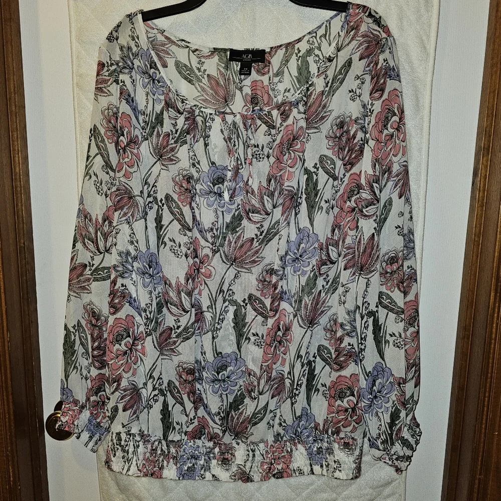 2x AGB Pink and Purple Floral Long Sleeve Blouse Pullover Top Shirt - Picture 1 of 9